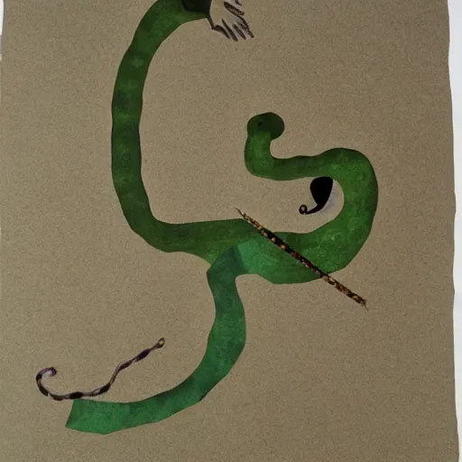 Prompt: A beautiful installation art of a snake eating its own tail that seems to go on forever. layered paper, olivine by Paul Klee vivid, beautiful