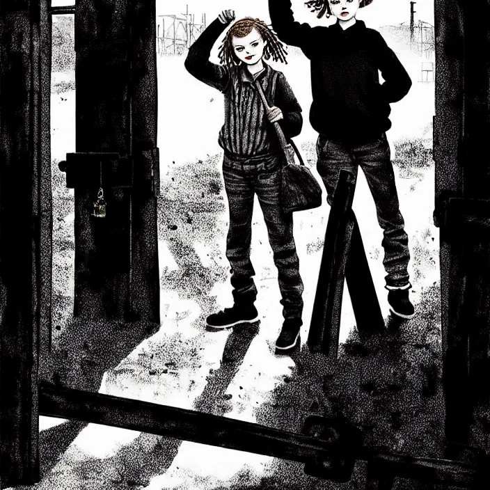 Image similar to [ sadie sink in dirty workmen clothes ] [ waves goodbye ] to workmen. near a gate. background : factory, dirty, polluted. technique : black and white pencil and ink. by gabriel hardman, joe alves, chris bonura. cinematic atmosphere, detailed and intricate, perfect anatomy