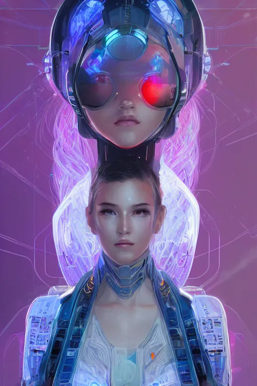 Image similar to portrait futuristic Cyber warrior Girl, in future cyberpunk tokyo rooftop , ssci-fi, fantasy, intricate, very very beautiful, elegant, neon light, highly detailed, digital painting, artstation, concept art, smooth, sharp focus, illustration, art by alphonse mucha and tian zi and WLOP