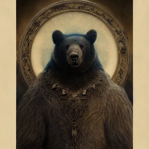 Image similar to bear rabbit hybrid character portrait by jean delville, tom bagshaw, brooke shaden, gustave dore and marco mazzoni, studio ghibli style, porcelain, histological, artificial intelligence, ebony, ivory, geologycal strata, organic, detailed fur, intricate details