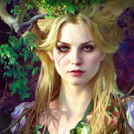 Image similar to close up portrait of alice in wonderland, magical forest, dramatic lighting, high detail, painted, by greg rutkowski, painted by stanley artgerm, painted by alphonse mucha, trending on artstation