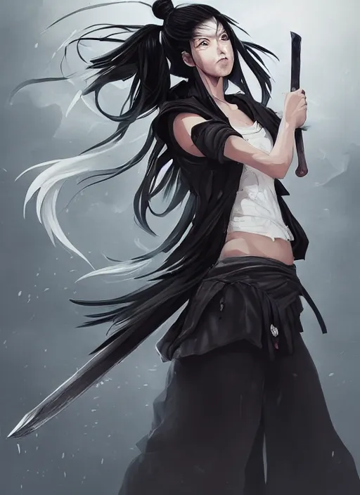 Image similar to a highly detailed illustration of fierce messy ponytail black haired one armed delinquent woman wearing japanese uniform cap wearing long white coat cape, dramatic wielding sword pose, muscular, intricate, elegant, highly detailed, centered, digital painting, artstation, concept art, smooth, sharp focus, league of legends concept art, wlop.