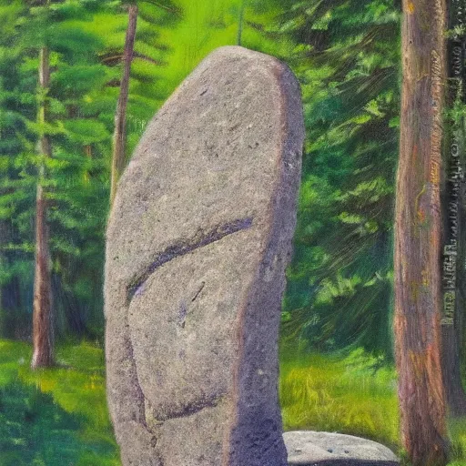 Image similar to runestone, monument, megalithic, oil painting, nature, trees, forest