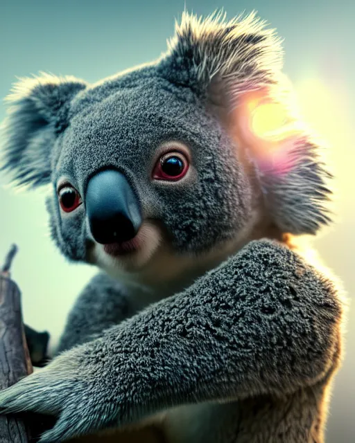 Prompt: movie still macro close photo of koala, by weta disney pixar greg rutkowski wlop ilya kuvshinov rossdraws artgerm octane render iridescent, bright morning, liosh, mucha