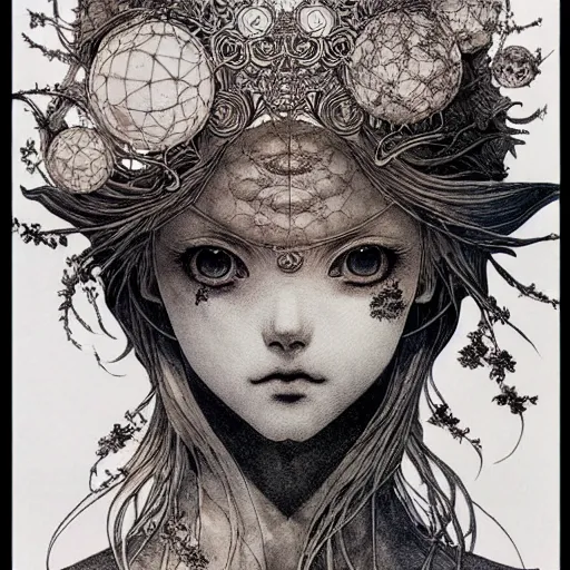 Image similar to prompt: Fragile looking vessel portrait soft light drawn by Vania Zouravliov and Takato Yamamoto, inspired by Fables, ancient crown, magical and alchemical weapons, soft light, white background, intricate detail, intricate ink painting detail, sharp high detail, manga and anime 2000