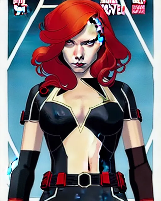 Image similar to phil noto comicbook cover art, black widow marvel, symmetrical eyes, long red hair, full body, city rooftop