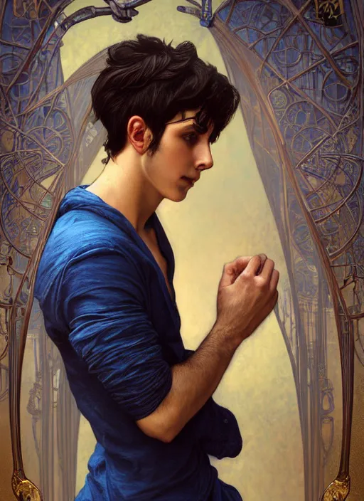 Image similar to handsome young man with short black hair, male, dressed in blue, looking down, half body shot, arms down, path traced, highly detailed, high quality, digital painting, bastien lecouffe - deharme, alphonse mucha, art nouveau