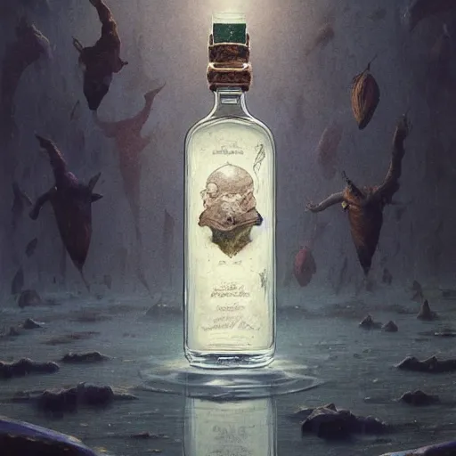 Image similar to A bottle of gin filled with tiny creatures, fullbody, artstation, fantasy, concept art, dark, moonlight, incredible, smooth, sharp focus, illustration, art by greg rutkowski and orientalism and bouguereau and Zdzislaw Beksinski, good clear quality, lighting, biology, symmetrical artwork, perfect face, 135 mm, cinematic, hyper realism, high detail, octane render, 8k, chrome accents