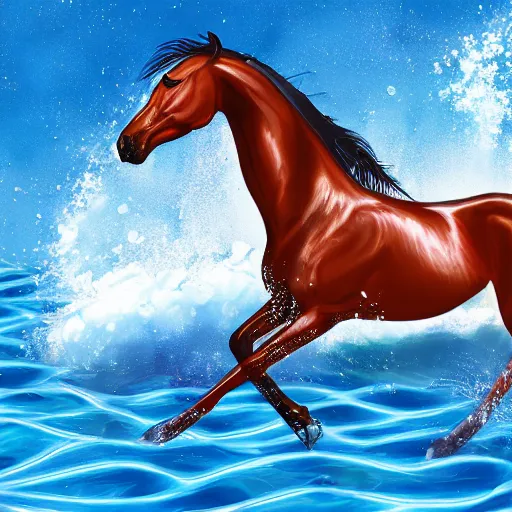 Image similar to horse swimming in the ocean with fork and knife, photorealistic, high detail