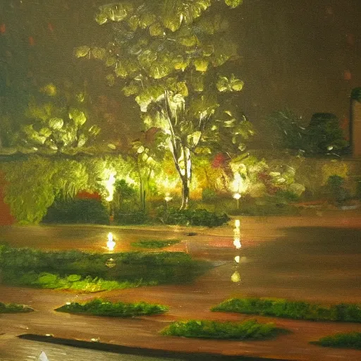 Prompt: a painting of rain in a garden at night