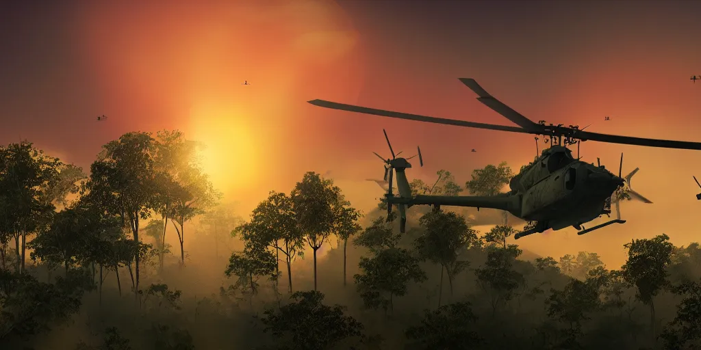 Prompt: Painting of vietnam Huey Helicopters, above a forest, orange sun set, abstract, realism, high details, glow, far, distance, over the horizon, drawn, 8k, octane render, 3D