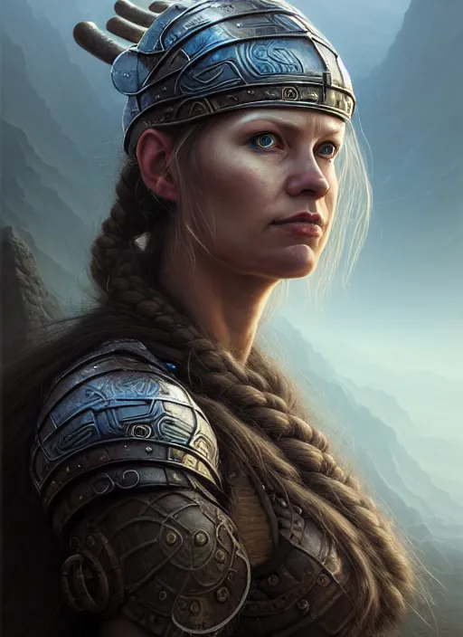 Image similar to closeup portrait shot of a female viking warrior in a scenic dystopian environment, intricate, elegant, highly detailed, centered, digital painting, artstation, concept art, smooth, sharp focus, illustration, artgerm, tomasz alen kopera, peter mohrbacher, donato giancola, joseph christian leyendecker, wlop, boris vallejo