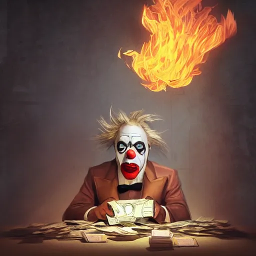 Prompt: epic portrait a clown masked man in a suit burning stack of cash, glowing, steam digital painting, artstation, concept art, soft light, hdri, smooth, sharp focus, illustration, fantasy, intricate, elegant, highly detailed, D&D, matte painting, in the style of Greg Rutkowski and Alphonse Mucha and artemisia, 8k, highly detailed, jurgens, rutkowski, bouguereau, pastoral, rustic, georgic