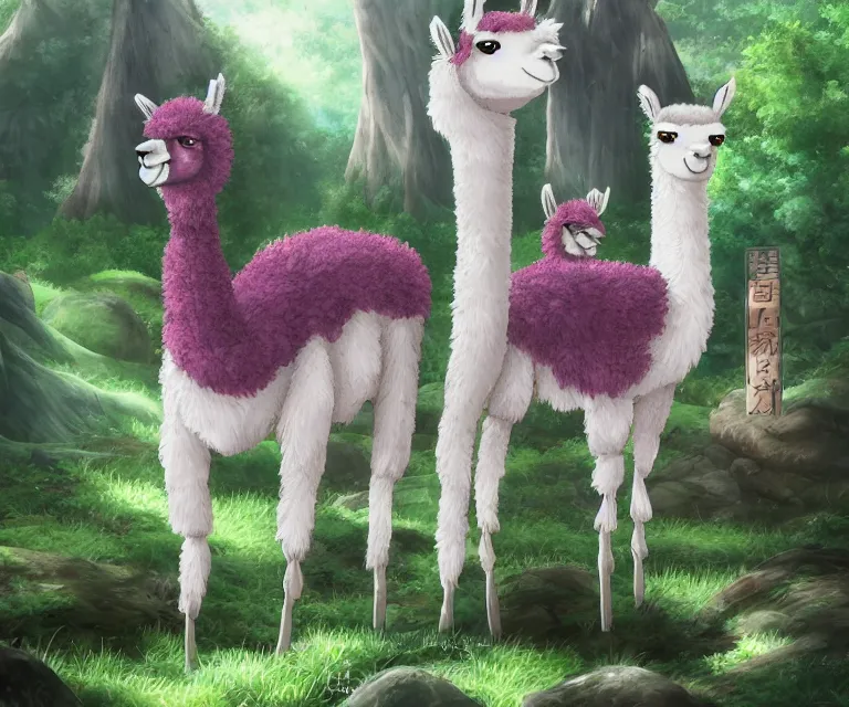 Image similar to llama in a forest, anime fantasy illustration by tomoyuki yamasaki, kyoto studio, madhouse, ufotable, comixwave films, trending on artstation