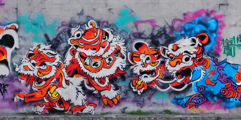 Image similar to lion dance, china, graffiti style, spraypainted on a wall