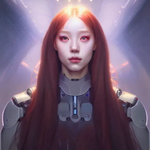 Image similar to portrait painting of a cyborg chuu from loona smiling, ultra realistic, concept art, intricate details, eerie, highly detailed, photorealistic, octane render, 8 k, unreal engine. art by artgerm and greg rutkowski and magali villeneuve and alphonse mucha