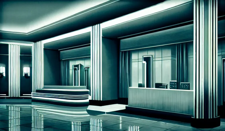 Prompt: a beautiful, sharp focus, clean lines. the interior of a vast 1 9 4 0 s art deco luxury hotel lobby. vaporwave ombre rendering. outrun style. trending on artstation. recommended for you behance. wes anderson colors. by chris moore. by edward hopper. ambient occlusion. digital matte painting. metropolis filmic. gotham city.