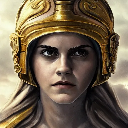 Prompt: Emma Watson as ancient greek woman in golden helmet, giant grey-haired bearded male face in the sky, epic fantasy style art, fantasy epic digital art