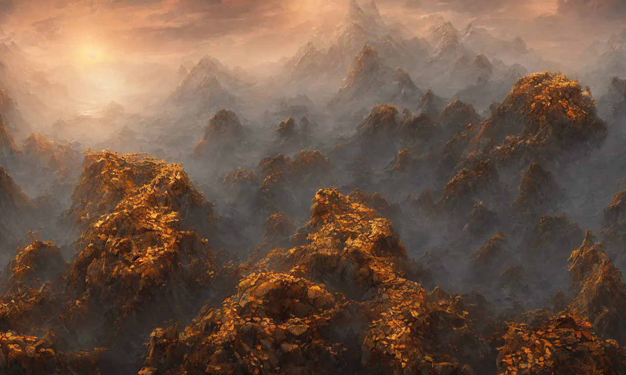 Image similar to breathtaking detailed digital painting of an aerial view of luxurious nature, mountains rocks at dawn with intricate ribbons and golden petals flying, with moody dark tumultuous clouds, by dao trong le, artstation, concept art, matte, 8 k,