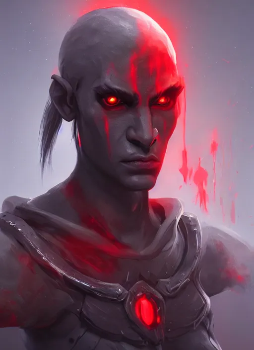 Prompt: portrait painting of a gray dark elf with red glowing eyes, artstation, nvidia, vray