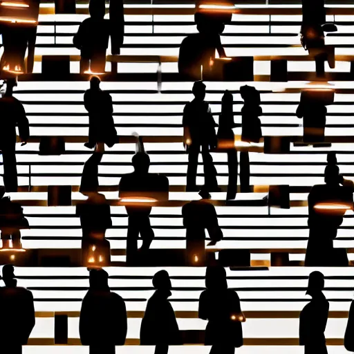 Image similar to a strip of light on the wall through which you can see the simulation people watching you, silhouettes, twilight zone, doctor who, digital art, mysterious, shadowy