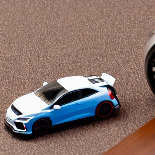 Image similar to civic type r fk 8 as a toy car on a wooden desk, focus shot, 1 0 5 mm, photo realistic