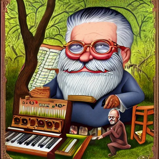 Image similar to old man white beard playing a synthesizer in a tree house, notes and clefs listening , lowbrow surrealistic, in the style of Mark Ryden,