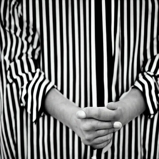 Image similar to black and white photography of a face and hands pushing outward from behind a high contrast black and white striped thin sheet