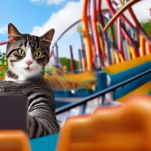 Prompt: selfie of an excited cat riding a roller - coaster, highly - detailed award - winning