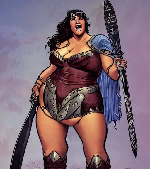 Prompt: 1 9 8 0 s fantasy novel book cover, bbw plus size amazonian gal gadot in extremely tight bikini armor wielding a cartoonishly large sword, exaggerated body features, dark and smoky background, low quality print