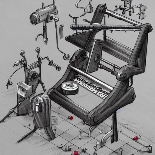 Image similar to musical rube goldberg machine, 2 d technical drawing by john howe, pixiv, deviantart, artstation, danbooru, illustration, realistic, 4 k, unreal 5 render