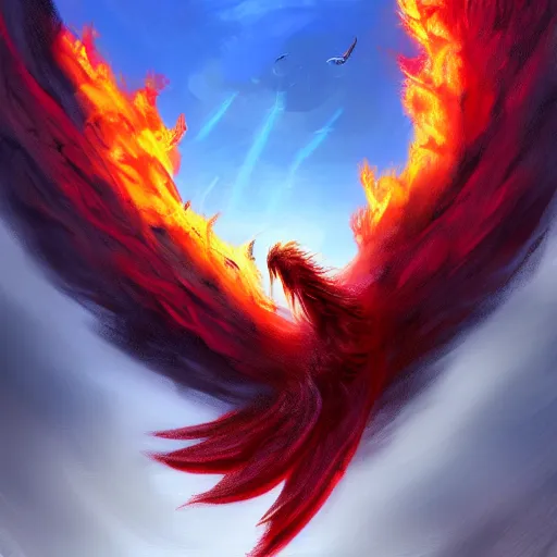 Prompt: Dalle-Mini - A Phoenix Flying Out of a Volcano on a Tropical Island, High Fantasy, Digital Painting, HDR, Trending on Artstation