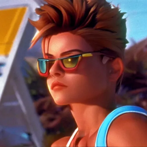 Prompt: a film still of overwatch's tracer in baywatch ( 1 9 8 9 )
