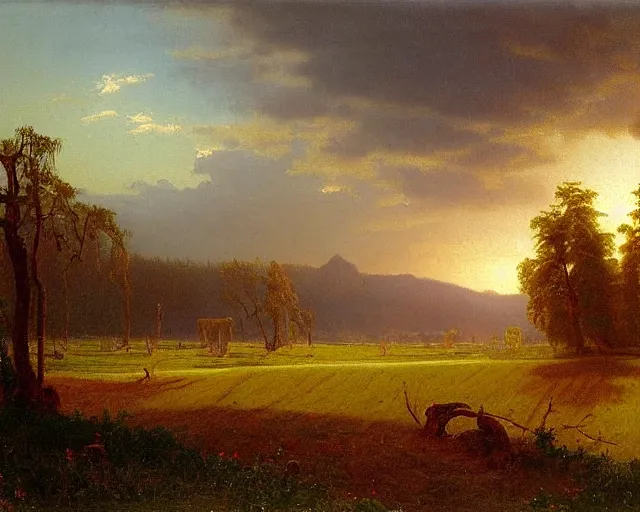 Image similar to landscape painting by Vsevolod Ivanov and Albert Bierstadt