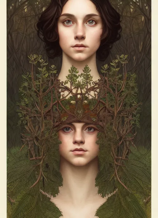 Image similar to symmetry portrait of welsh brunette student in mans tunic, tomboy, short hair, intricate forest background, intricate, elegant, highly detailed, digital painting, artstation, concept art, smooth, sharp focus, illustration, art by artgerm and greg rutkowski and fra angelico and alphons mucha