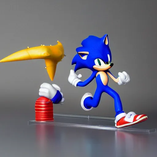 Image similar to Extremely detailed figurine of Sonic the Hedgehog, studio lightning, product photo. The stand is also extremely detailed.