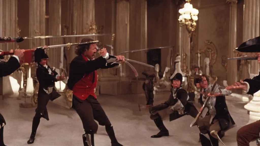 Prompt: will ferrell and jack nicholson duelling with swords in stanley kubrick's movie of napoleon, seventies cinema, vintage, by stanley kubrick, cinematic lighting, ultra realistic, panavision, wide screen, vibrant color