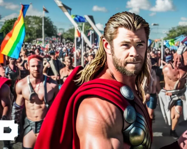 Prompt: Chris Hemsworth as thor at a gay pride event, cinematic shot, 8k resolution, hyper detailed