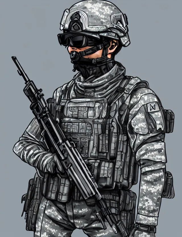 Prompt: a detailed manga portrait of a soldier wearing crystal tactical gear and armed with a silver assault rifle, trending on artstation, digital art, 4 k resolution, detailed, high quality, sharp focus, hq artwork, coherent, insane detail, character portrait
