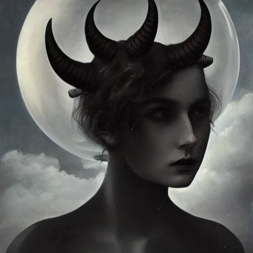 Prompt: By Tom Bagshaw, ultra realist soft painting of curiosities by night, very beautiful horned single female in long gothic dress glass sphere, symmetry accurate features, very intricate details, omnious sky, black and white, volumetric light clouds