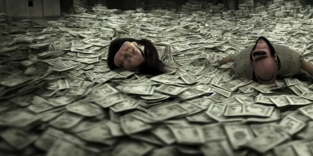 Image similar to a film still of cash money piling up in a vault, shallow depth of field, cinematic, award winning cgi, vfx, film still