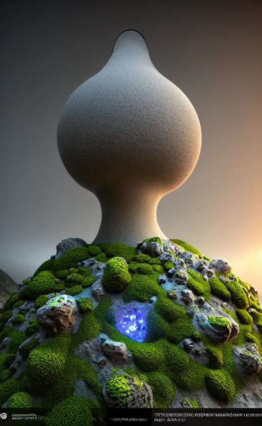 Image similar to highly detailed ultra sharp 3 d render cinematic composition of a smooth ceramic porcelain biomorphic magnolia stone nebula fluid fractal sci - fi surreal architecture landscape, granite, metallic, magnesium, marble, moss and lichen, vincent callebaut composition, mamou - mani, archviz, beautiful lighting, 8 k, unreal engine, hdr,