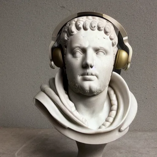 Prompt: a roman bust wearing headphones, vaporwave!!!!!!!!!!!