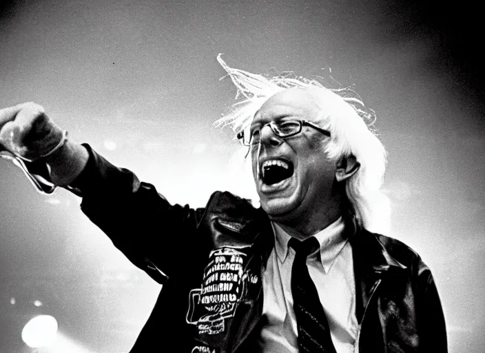 Image similar to publicity photo still of bernie sanders in motley crue live on stage 1 9 8 8, 8 k, live concert lighting, mid shot