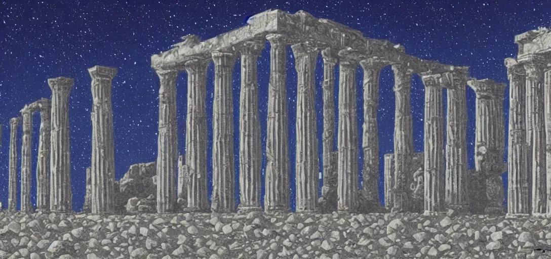 Prompt: The ruins of the Silver Millennium on the moon from Sailor Moon, digital painting, Earth in the distance, Greek-esque columns and ruins, grey sand