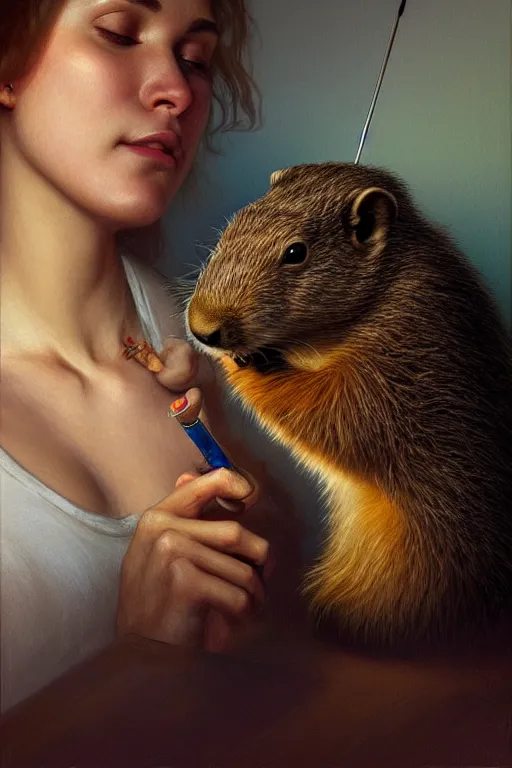 Image similar to drug addicted groundhog with a needle lies on the bed, realistic portrait, highly detailed, digital painting, artstation, concept art, smooth, sharp focus, illustration, cinematic lighting, art by artgerm and greg rutkowski and alphonse mucha