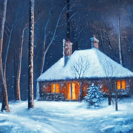 Image similar to snowy forest night scene icy cottage surrounded by the woods with one illuminated window, dark contrast oil painting