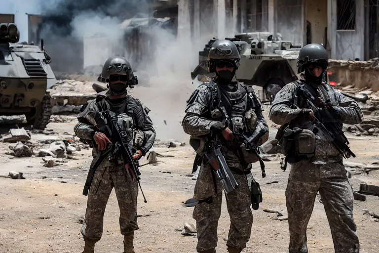 Image similar to Mercenary Special Forces soldiers in grey uniforms with black armored vest and black helmets behind an MRAP in urban warfare in Cambodia as artillery explodes 2022, Canon EOS R3, f/1.4, ISO 200, 1/160s, 8K, RAW, unedited, symmetrical balance, in-frame, combat photography