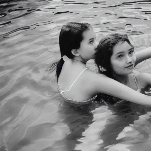 Prompt: two girls in the pool, film camera style, la piscine film aesthetics