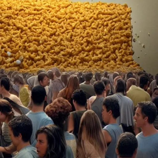 Image similar to a gathering of people trying to escape a dystopian city by climbing over a huge wall of mac n' cheese. still frame from a sci-fi movie.